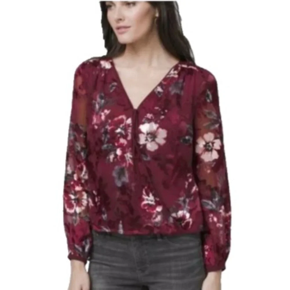 White House Black Market Blouse Women 16 Silk Blend Burgundy Long Sleeve - Picture 2 of 16
